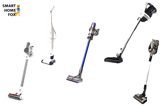 Man sieht viele Akkustaubsauger vor einem weißen Hintergrund. 